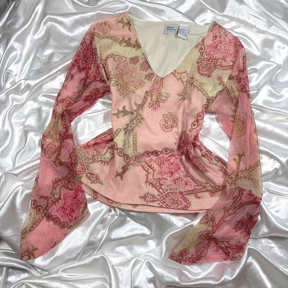y2k Paisley Mesh Sleeve Top Pink Giorgio Fiorlini V-Neck Blouse